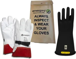 Class 2 Black Rubber Voltage Insulating Glove Kit with Leather Protectors, Max. Use Voltage 17,000V AC/ 25,500V DC (KITGC2B09)