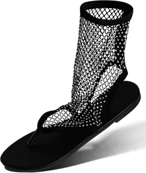 Comfortable Shiny Mesh Flat Sandals for Women - Fishnet Summer Ballet Flats Sandals for Stylish Summer Wear