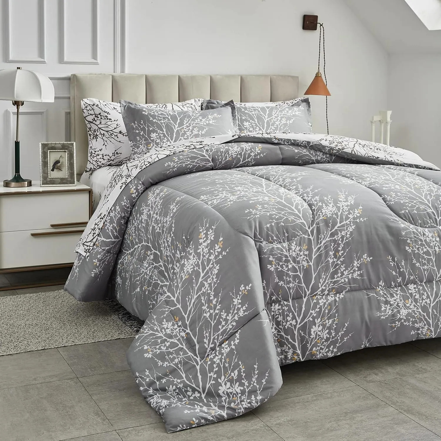 Comforter Sheet Set Gray Branch California King Size Bed in a Bag 7 PC Bedding Set (1 Comforter, 2 Pillow Shams, 1 Flat Sheet, 1 Fitted Sheet, 2 Pillowcases)