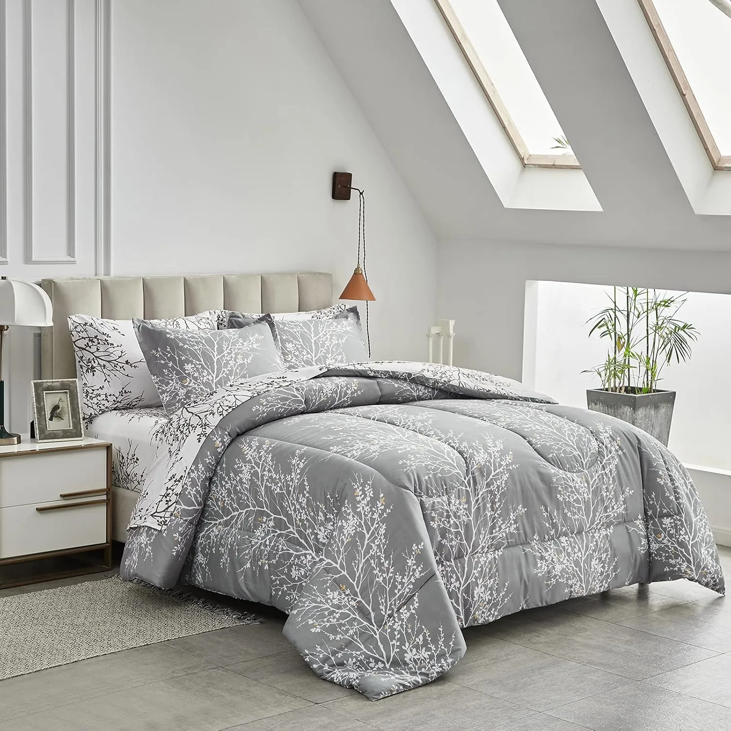 Comforter Sheet Set Gray Branch California King Size Bed in a Bag 7 PC Bedding Set (1 Comforter, 2 Pillow Shams, 1 Flat Sheet, 1 Fitted Sheet, 2 Pillowcases)
