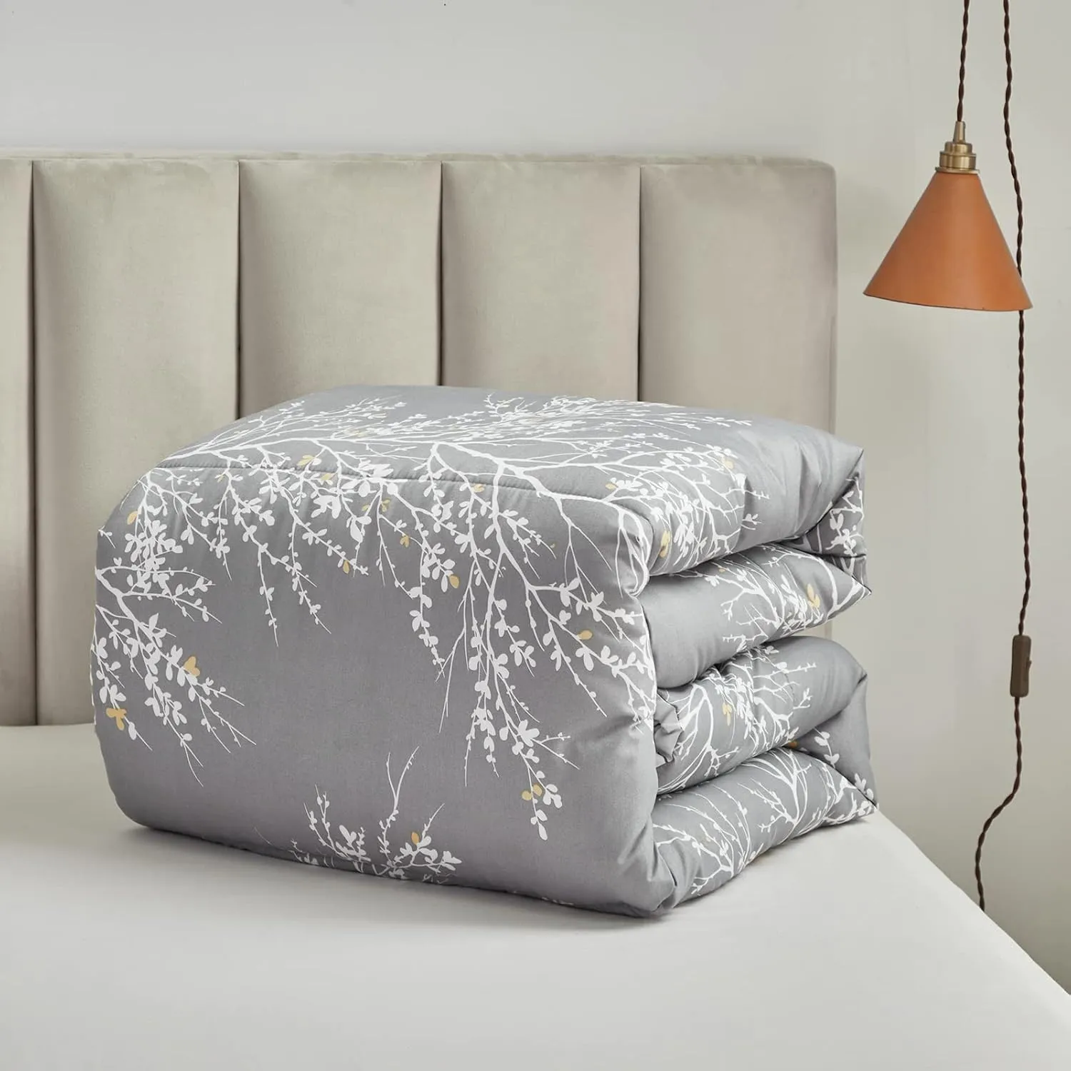 Comforter Sheet Set Gray Branch California King Size Bed in a Bag 7 PC Bedding Set (1 Comforter, 2 Pillow Shams, 1 Flat Sheet, 1 Fitted Sheet, 2 Pillowcases)