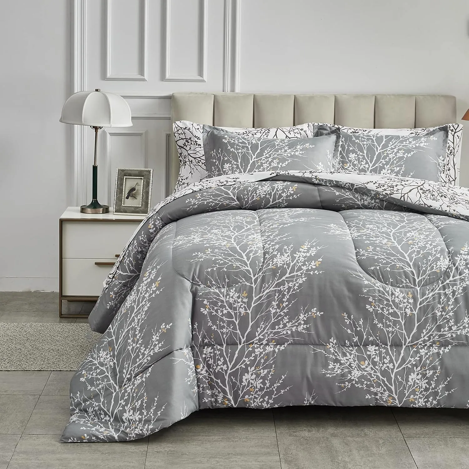 Comforter Sheet Set Gray Branch California King Size Bed in a Bag 7 PC Bedding Set (1 Comforter, 2 Pillow Shams, 1 Flat Sheet, 1 Fitted Sheet, 2 Pillowcases)