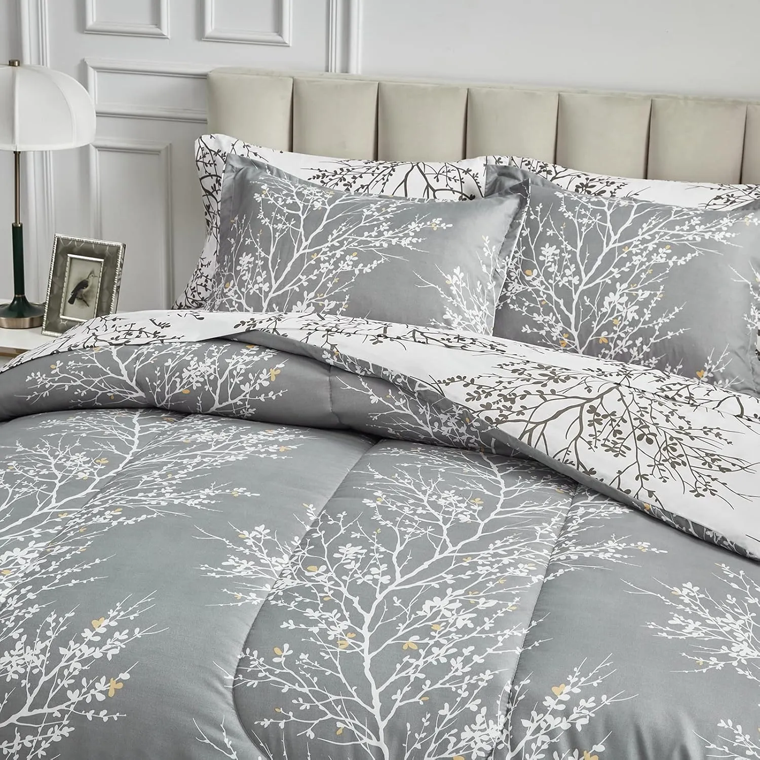 Comforter Sheet Set Gray Branch California King Size Bed in a Bag 7 PC Bedding Set (1 Comforter, 2 Pillow Shams, 1 Flat Sheet, 1 Fitted Sheet, 2 Pillowcases)