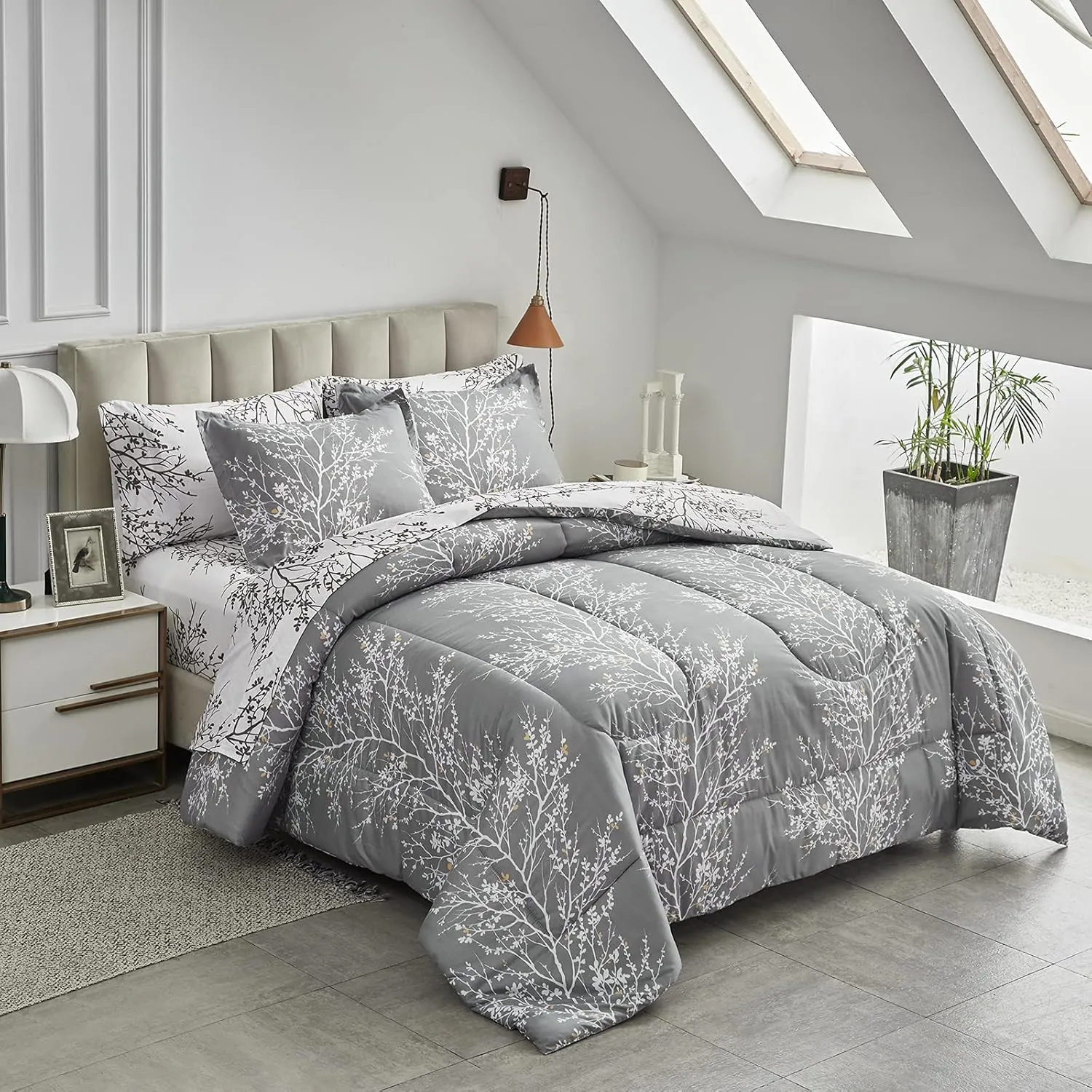 Comforter Sheet Set Gray Branch California King Size Bed in a Bag 7 PC Bedding Set (1 Comforter, 2 Pillow Shams, 1 Flat Sheet, 1 Fitted Sheet, 2 Pillowcases)