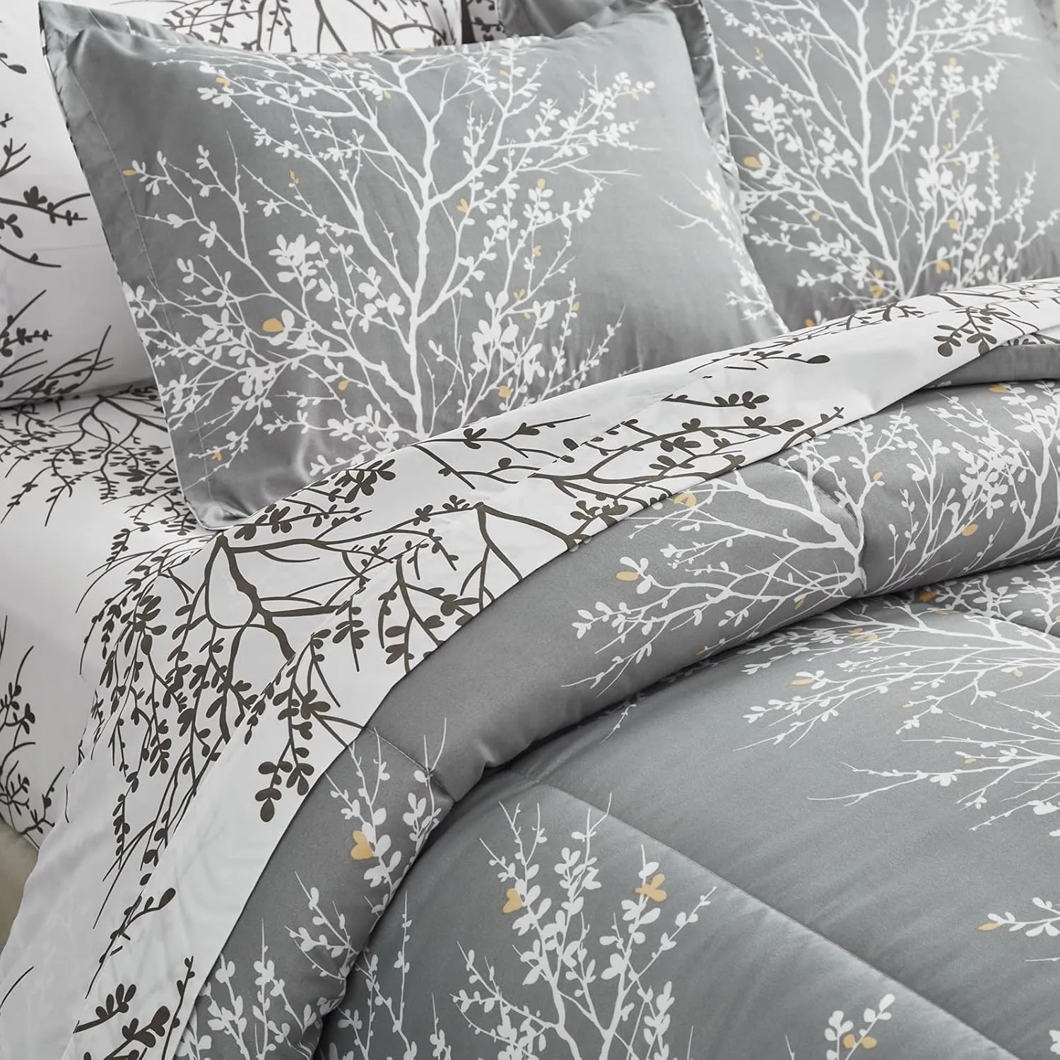 Comforter Sheet Set Gray Branch California King Size Bed in a Bag 7 PC Bedding Set (1 Comforter, 2 Pillow Shams, 1 Flat Sheet, 1 Fitted Sheet, 2 Pillowcases)