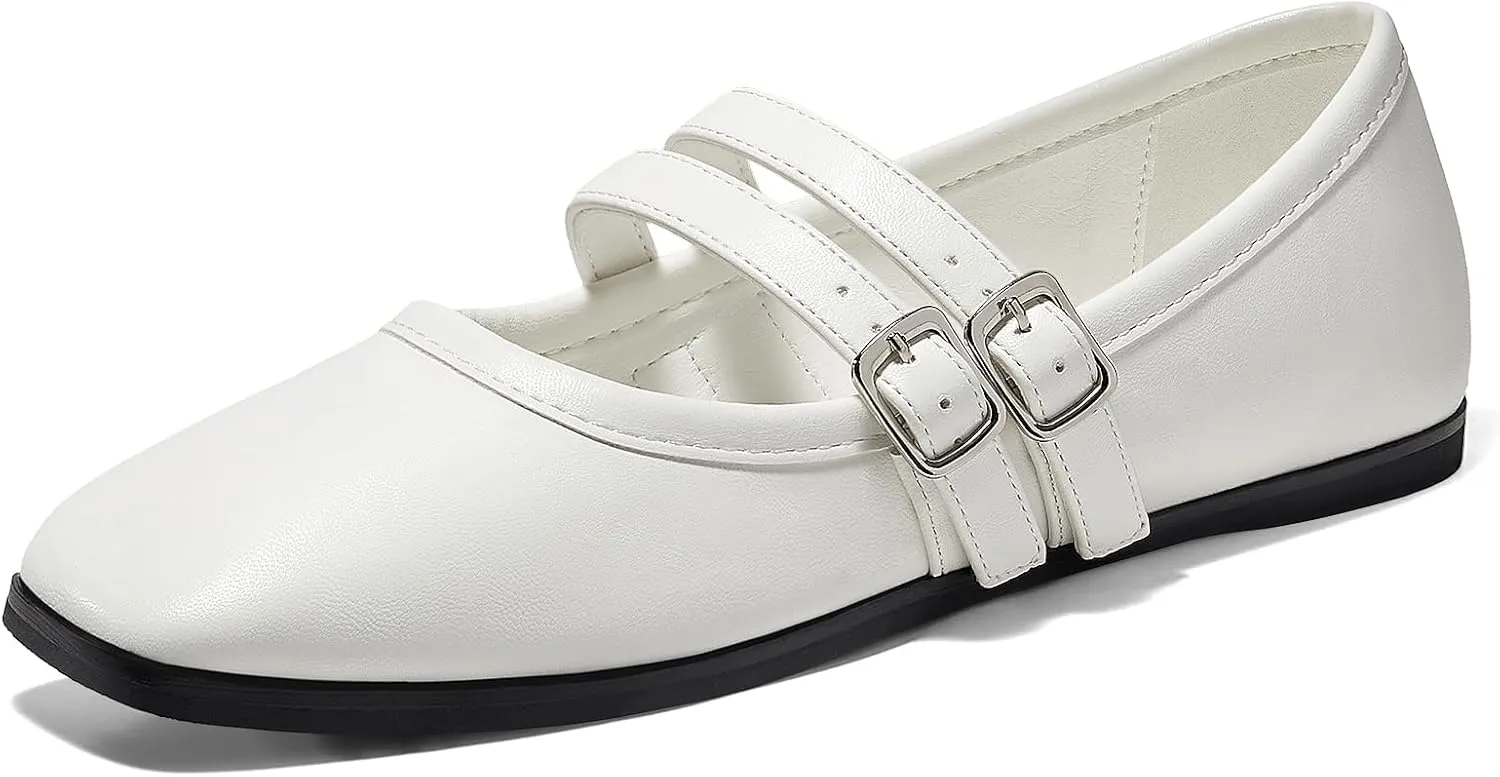 Coutgo Womens Mary Jane Flats Shoes Dressy Comfortable Square Toe Double Strap Soft Work Slip on Ballet Flat