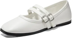 Coutgo Womens Mary Jane Flats Shoes Dressy Comfortable Square Toe Double Strap Soft Work Slip on Ballet Flat