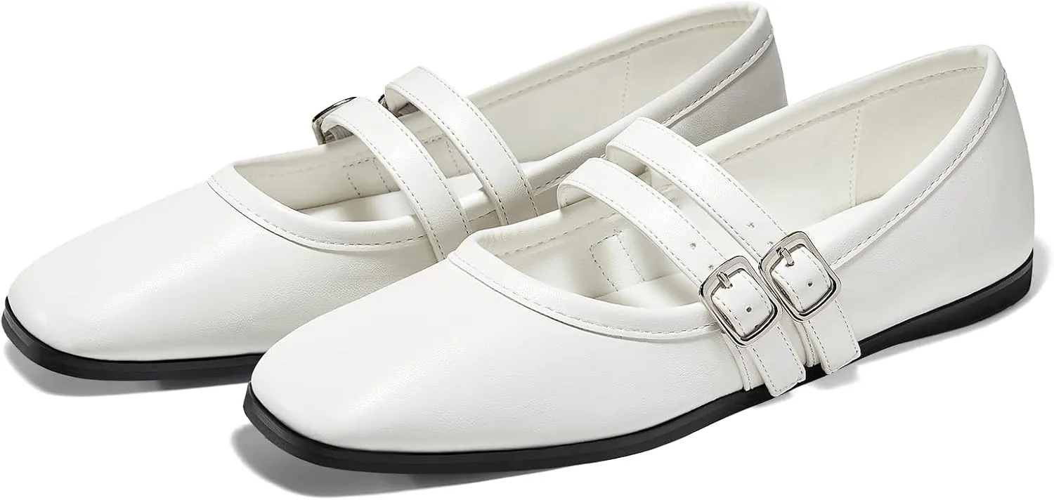 Coutgo Womens Mary Jane Flats Shoes Dressy Comfortable Square Toe Double Strap Soft Work Slip on Ballet Flat