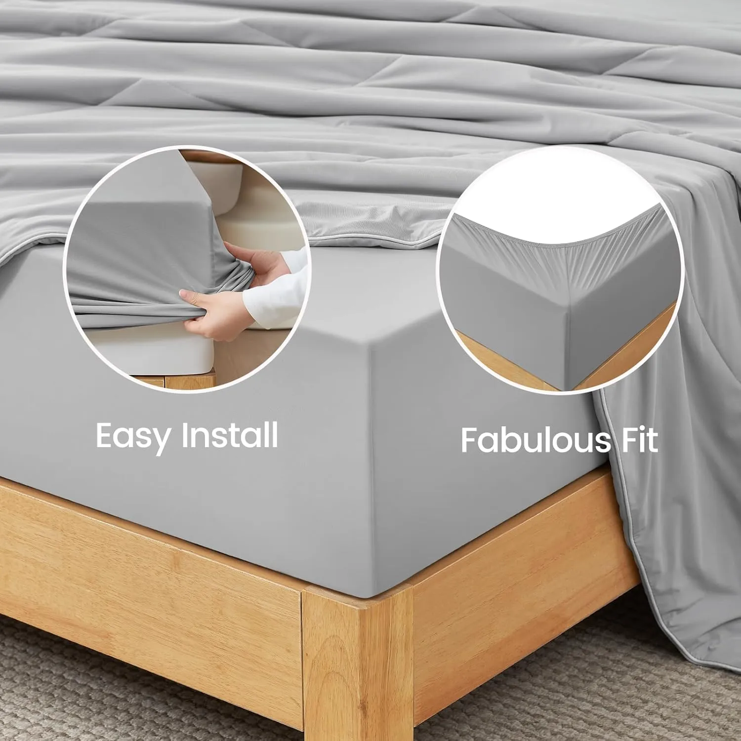 Cozy Bliss Cooling Sheet Set King Size, Q-Max>0.4, 3PCS No Flat Sheet with 2 Pillowcases, Breathable Fitted Sheet for Hot Sleepers & Night Sweats, Deep Pocket Up to 15 Inches, Light Grey