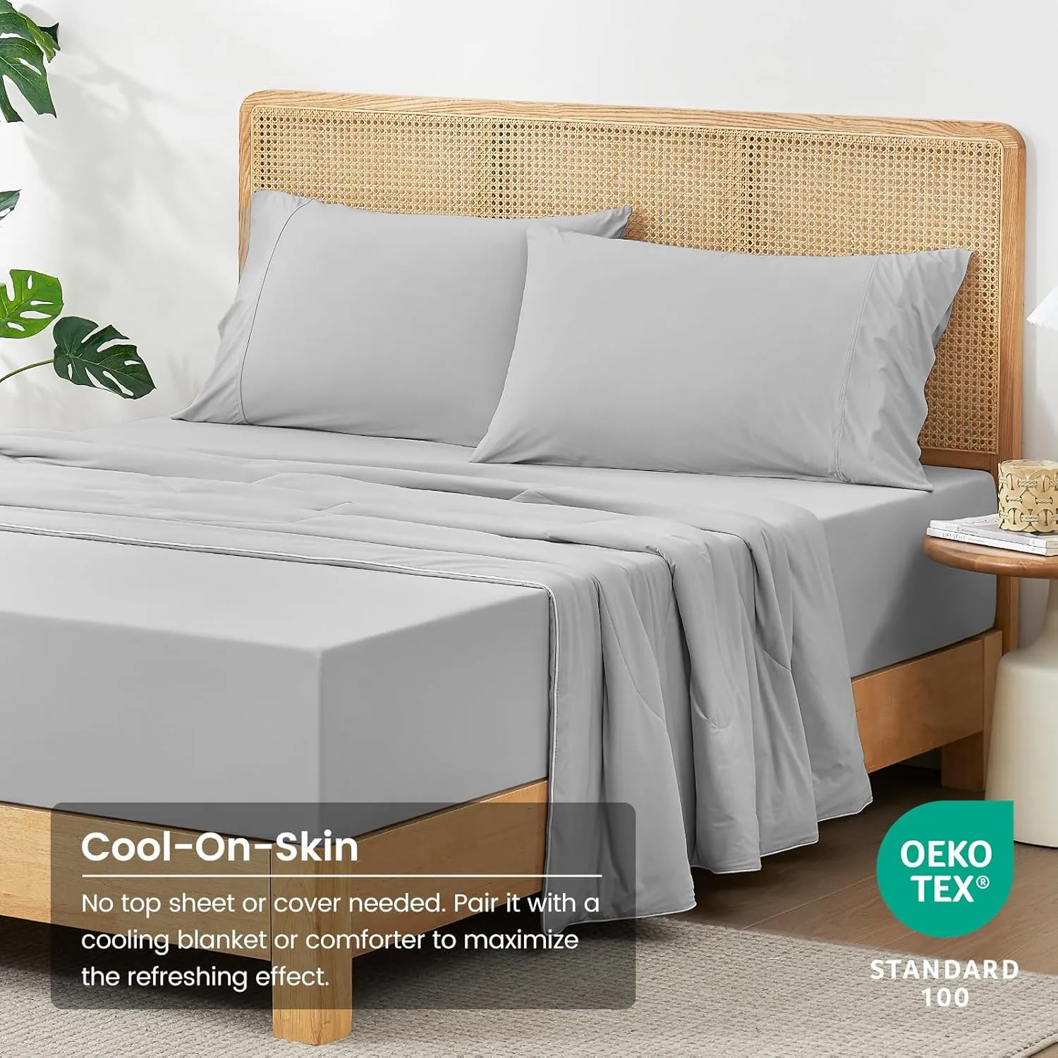 Cozy Bliss Cooling Sheet Set King Size, Q-Max>0.4, 3PCS No Flat Sheet with 2 Pillowcases, Breathable Fitted Sheet for Hot Sleepers & Night Sweats, Deep Pocket Up to 15 Inches, Light Grey