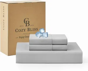 Cozy Bliss Cooling Sheet Set King Size, Q-Max>0.4, 3PCS No Flat Sheet with 2 Pillowcases, Breathable Fitted Sheet for Hot Sleepers & Night Sweats, Deep Pocket Up to 15 Inches, Light Grey