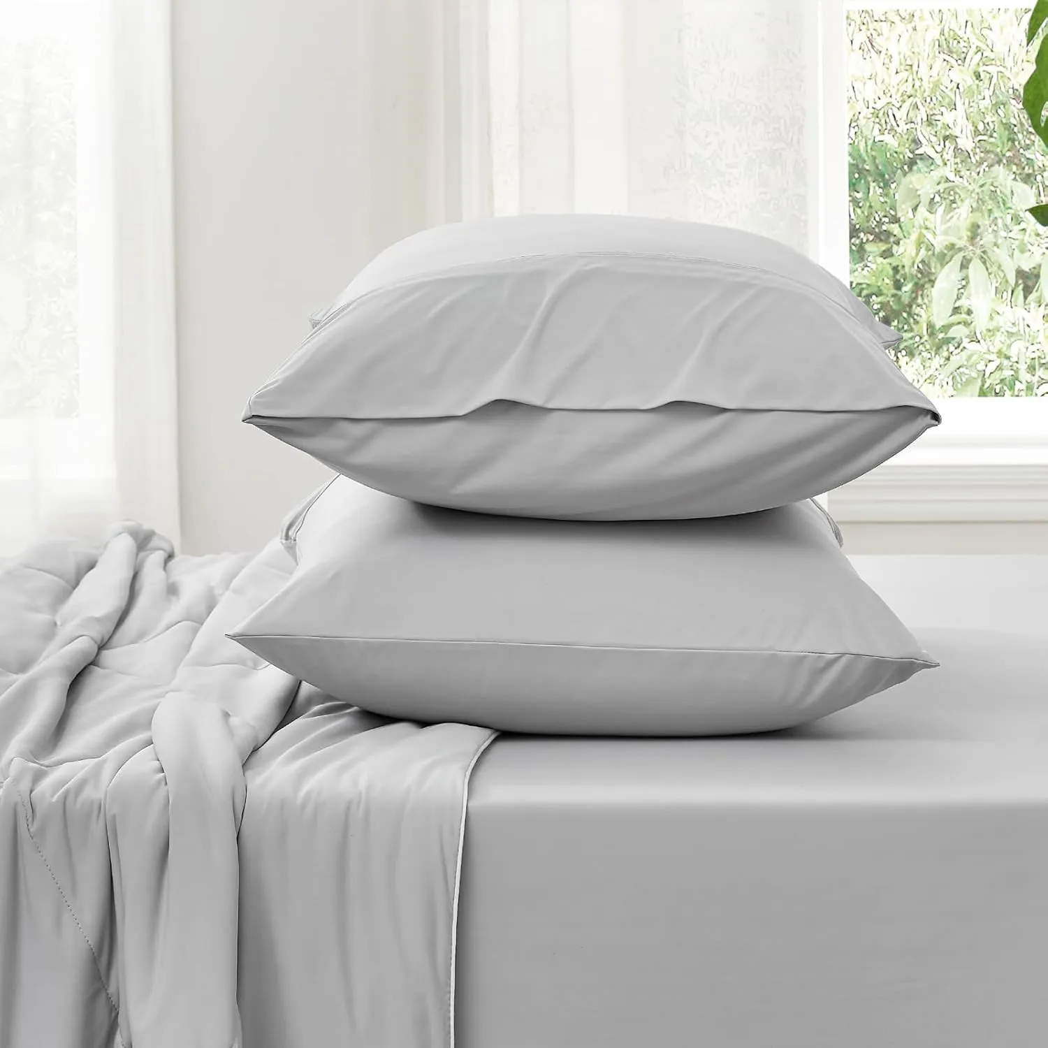 Cozy Bliss Cooling Sheet Set King Size, Q-Max>0.4, 3PCS No Flat Sheet with 2 Pillowcases, Breathable Fitted Sheet for Hot Sleepers & Night Sweats, Deep Pocket Up to 15 Inches, Light Grey