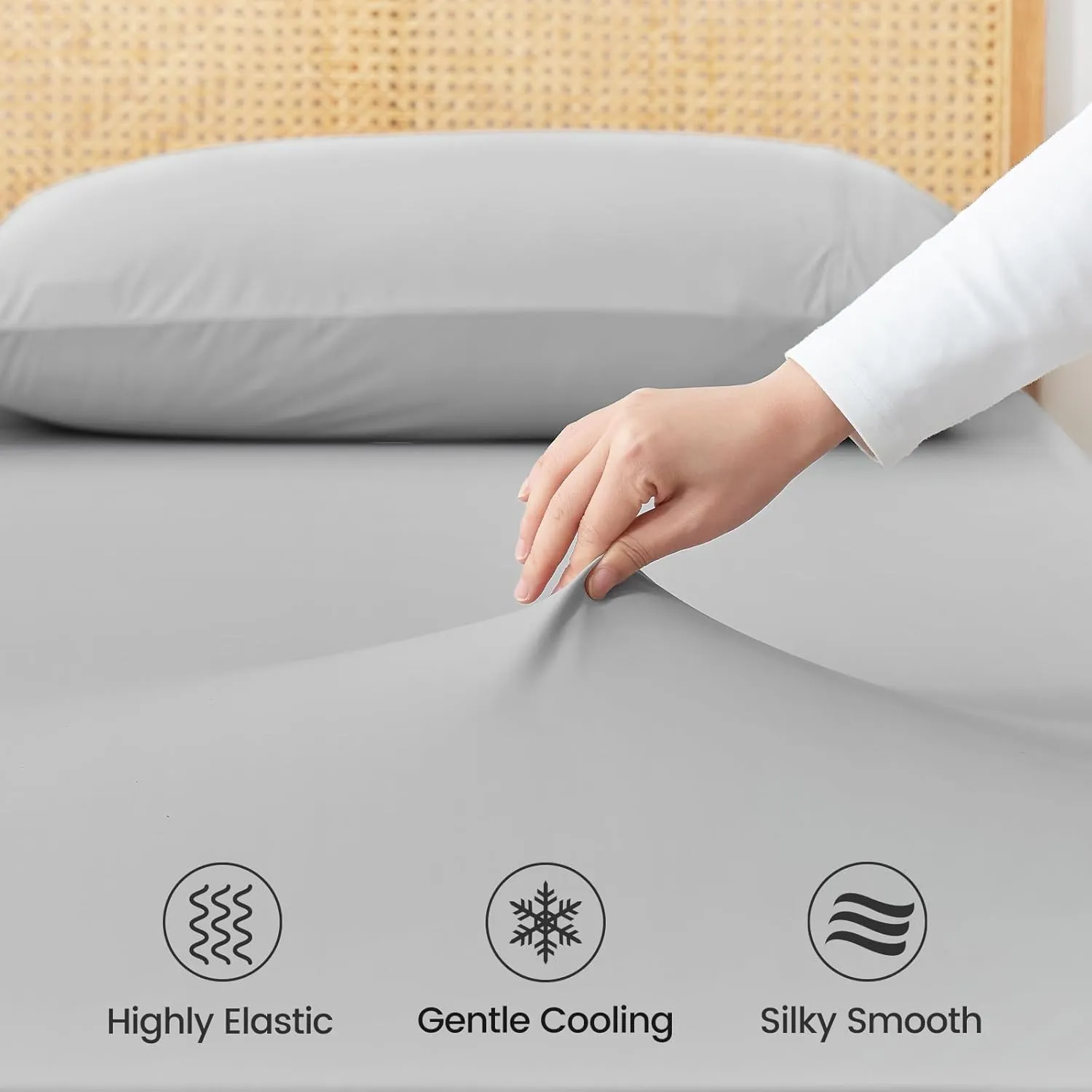 Cozy Bliss Cooling Sheet Set King Size, Q-Max>0.4, 3PCS No Flat Sheet with 2 Pillowcases, Breathable Fitted Sheet for Hot Sleepers & Night Sweats, Deep Pocket Up to 15 Inches, Light Grey