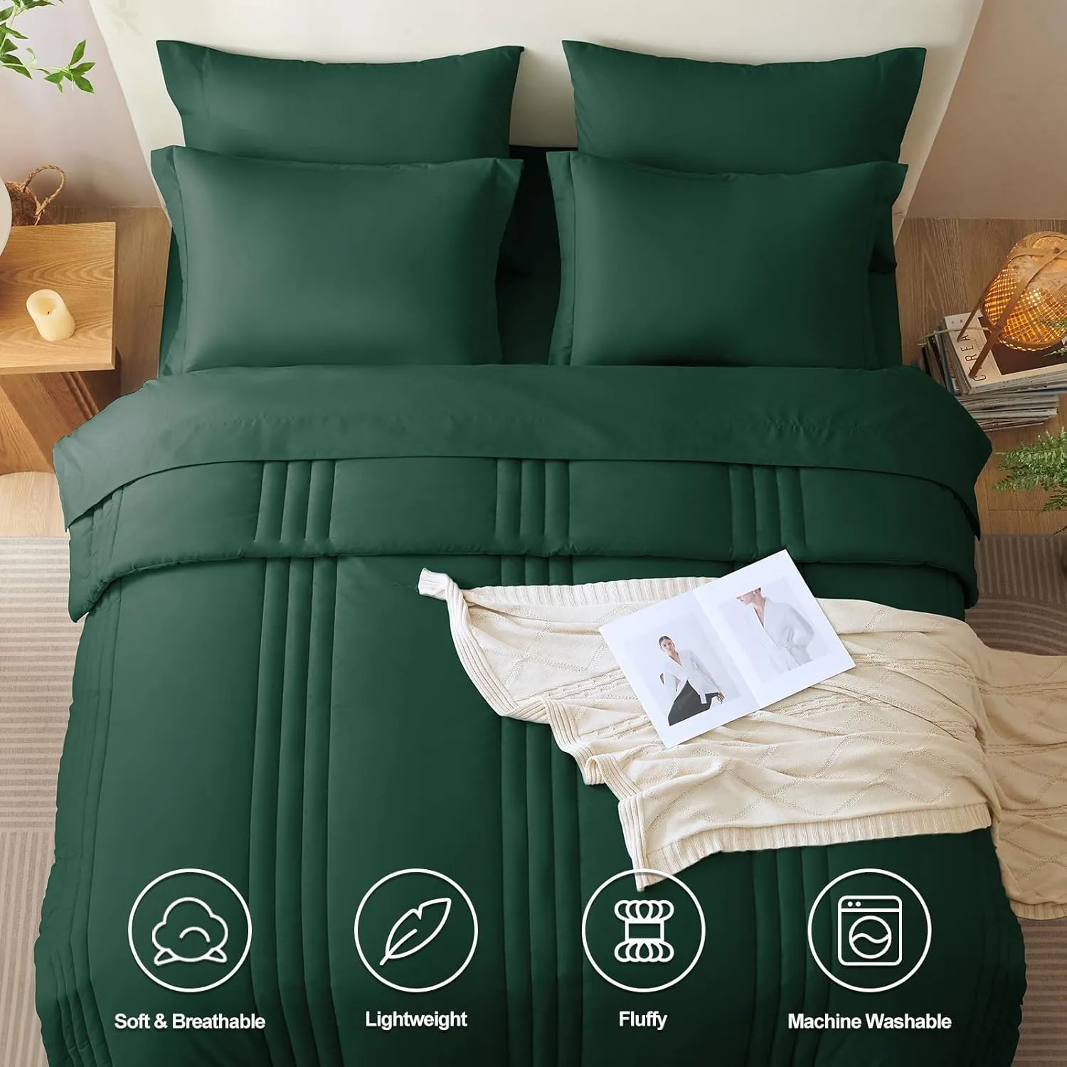 CozyLux Queen Comforter Set - 7 Pieces Bed in a Bag Emerald Green Comforters Queen Size Bed Set, Soft Bedding Set with All Seasons Comforter, Sheets, Pillowcases & Shams