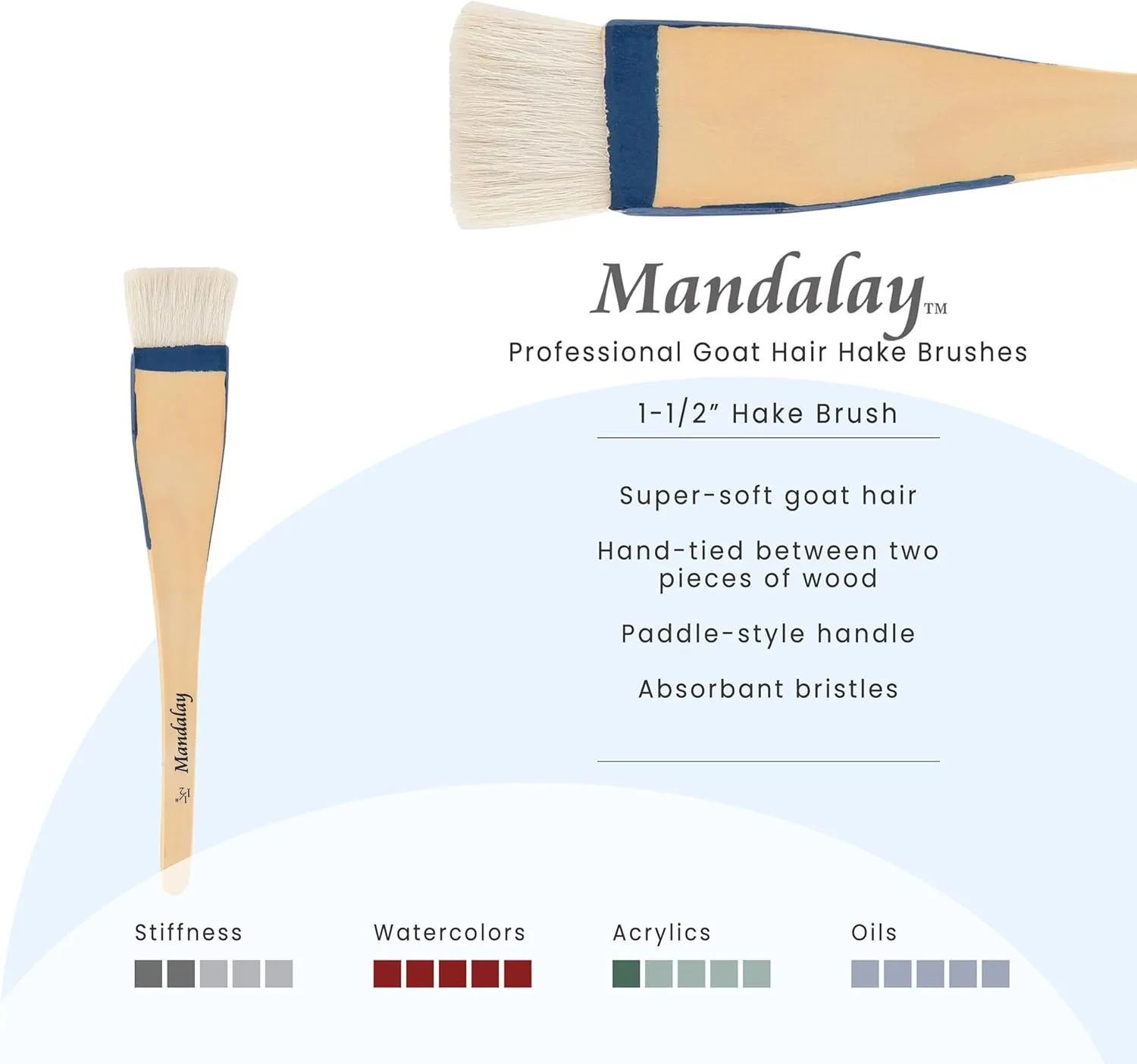 Creative Mark Mandalay Professional Goat Hair Hake Brush - Set of Two -1-1/2" Wide Paint Brushes with Paddle Handle for Professional Artists - Soft Natural Bristles Ideal for Sumi-e and Color Washes