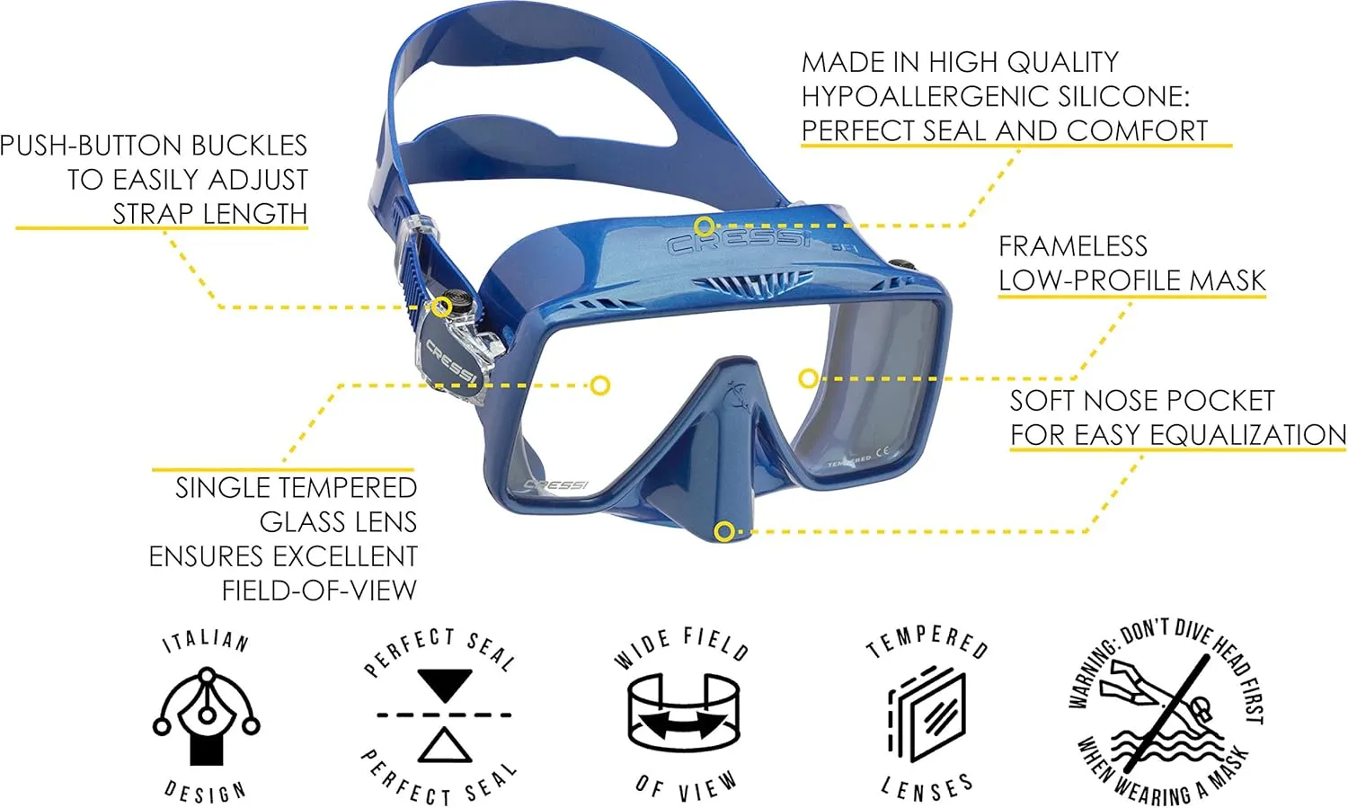 Cressi Frameless Adult Scuba Diving Mask: Wide Visibility, Silicone Skirt: SF1 : Quality Since 1946