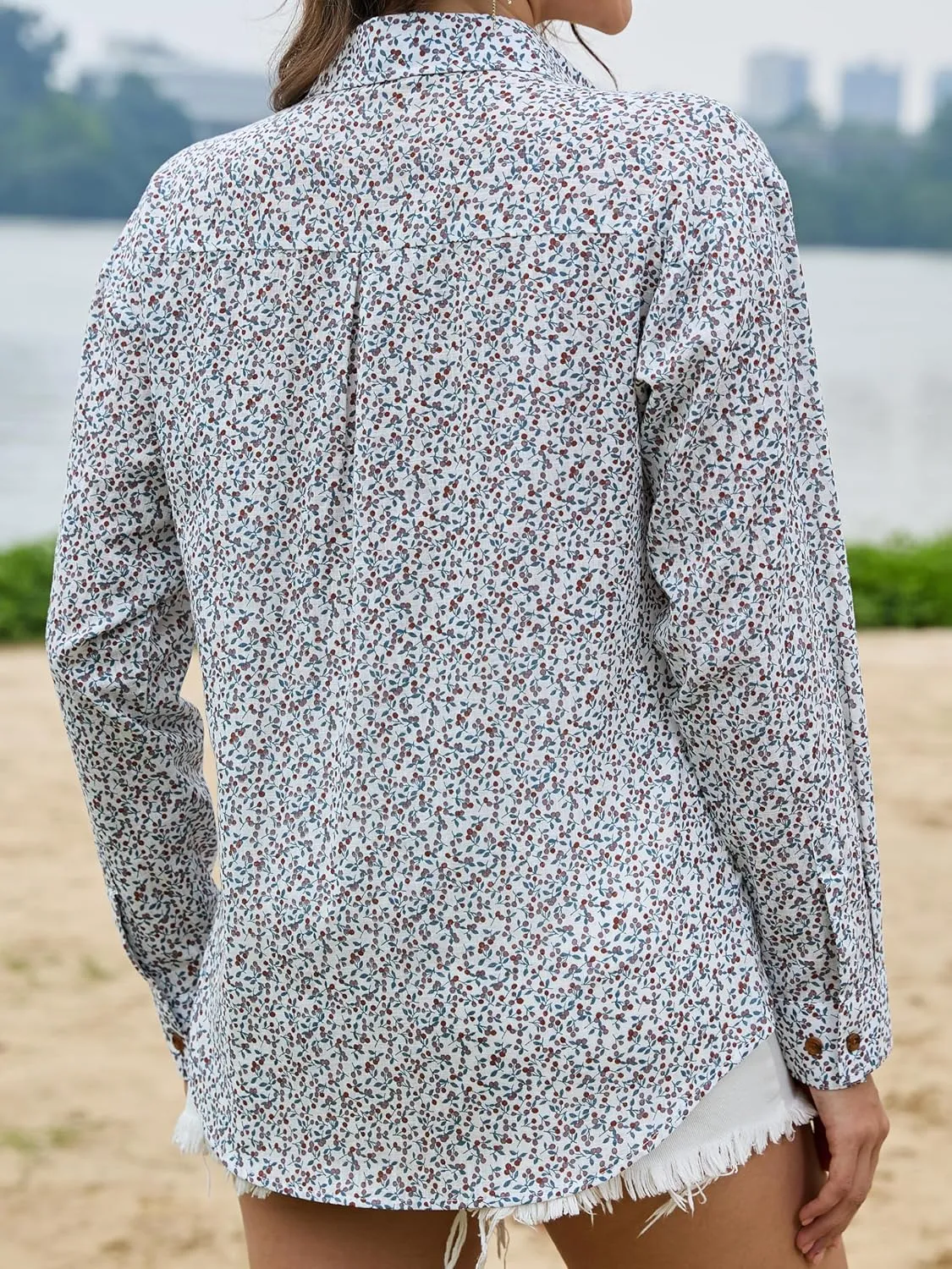 CUNLIN Women's Button Down Shirts Long Sleeve Cotton Summer Beach Wear for Women with Pocket