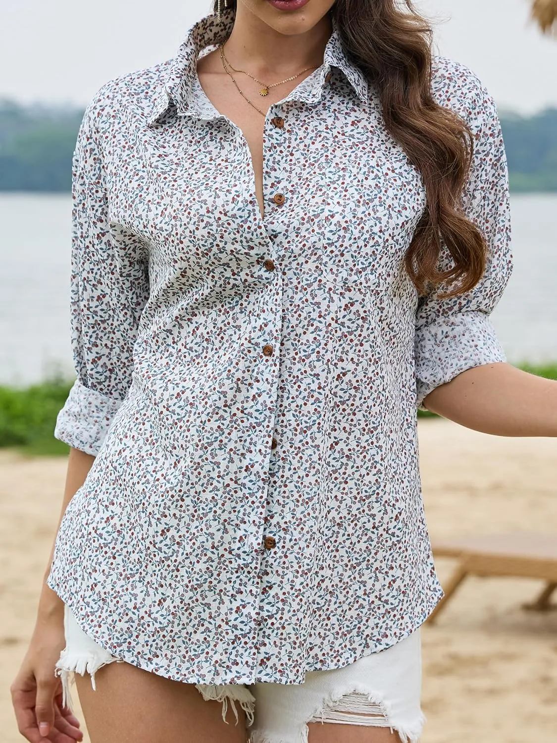 CUNLIN Women's Button Down Shirts Long Sleeve Cotton Summer Beach Wear for Women with Pocket