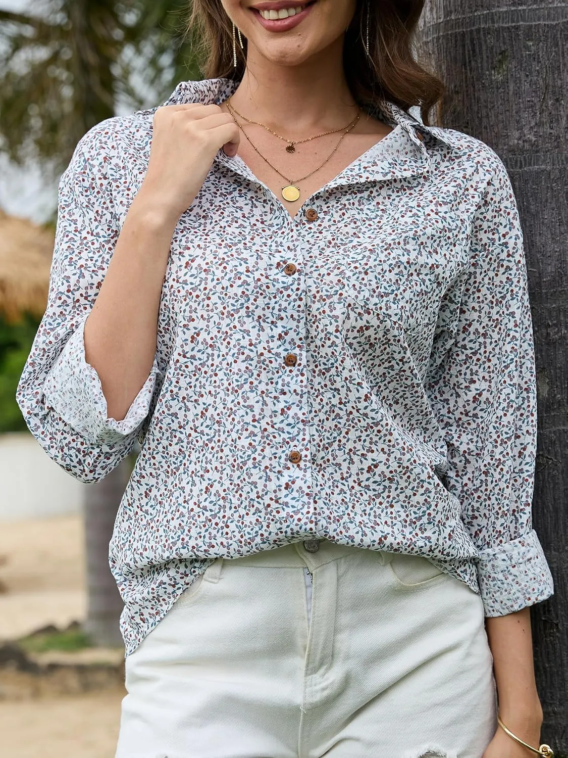 CUNLIN Women's Button Down Shirts Long Sleeve Cotton Summer Beach Wear for Women with Pocket