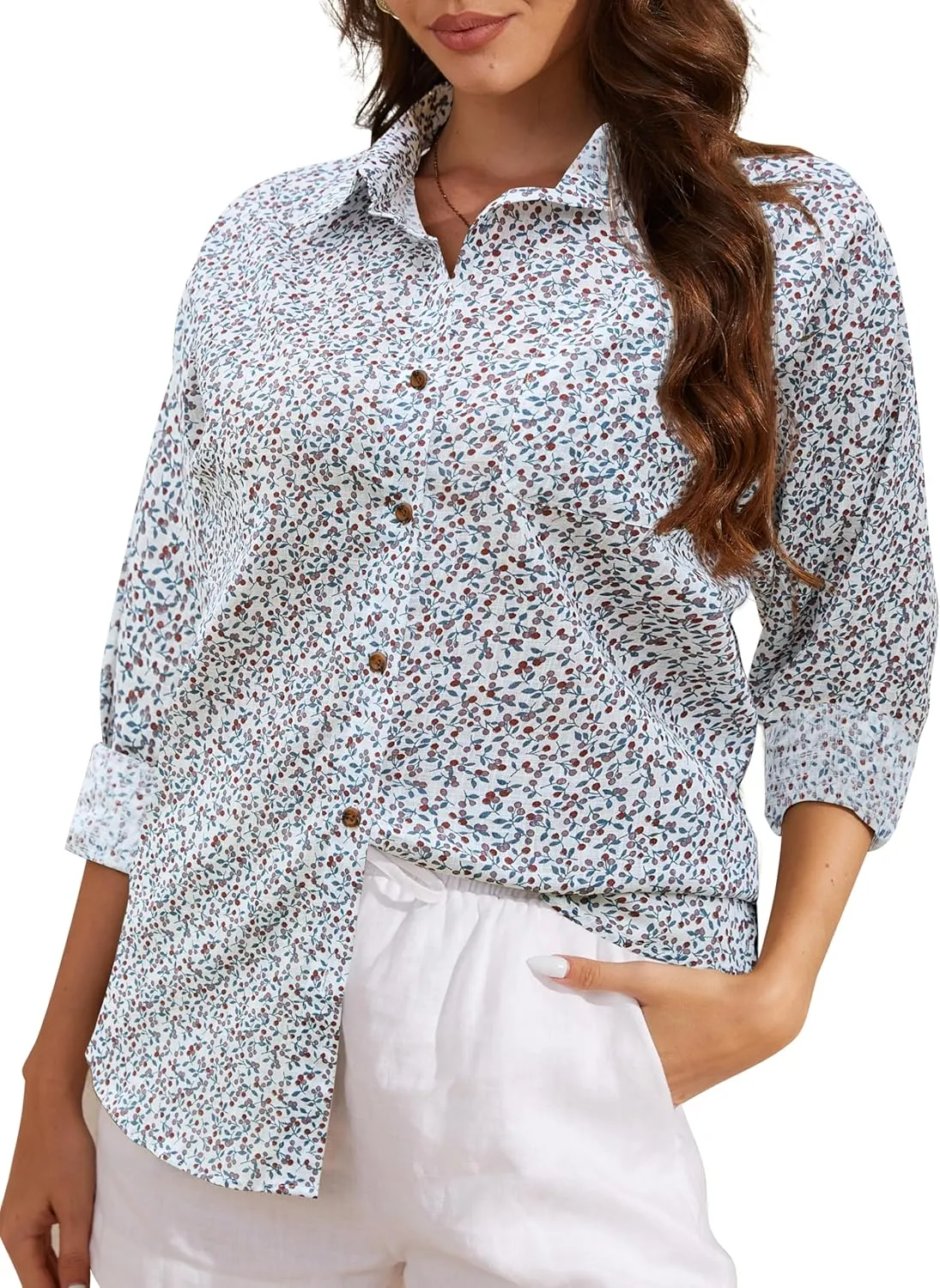 CUNLIN Women's Button Down Shirts Long Sleeve Cotton Summer Beach Wear for Women with Pocket