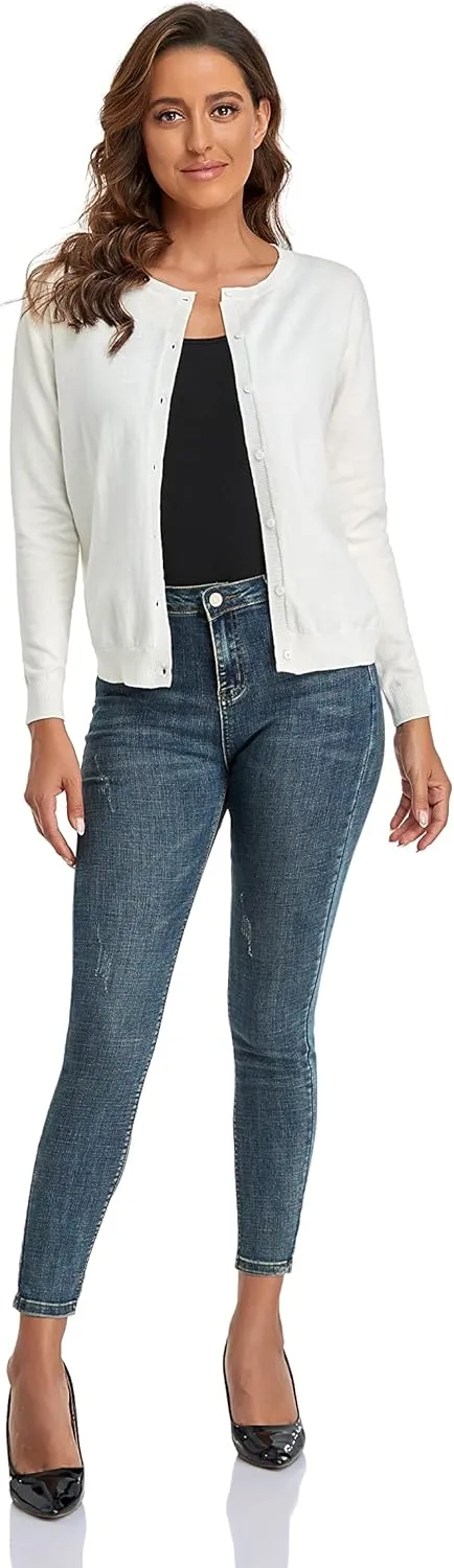 CUNYI Women's Crew Neck Cardigan Long Sleeve Sweater for Women Button Down Soft Knit Ladies Cardigan Sweates Coat