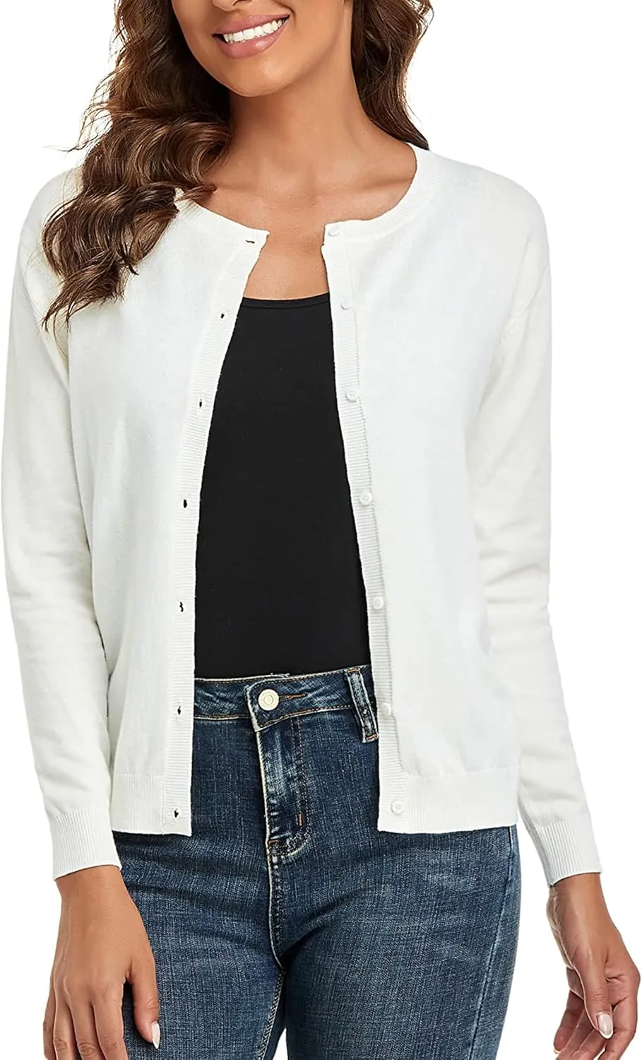 CUNYI Women's Crew Neck Cardigan Long Sleeve Sweater for Women Button Down Soft Knit Ladies Cardigan Sweates Coat