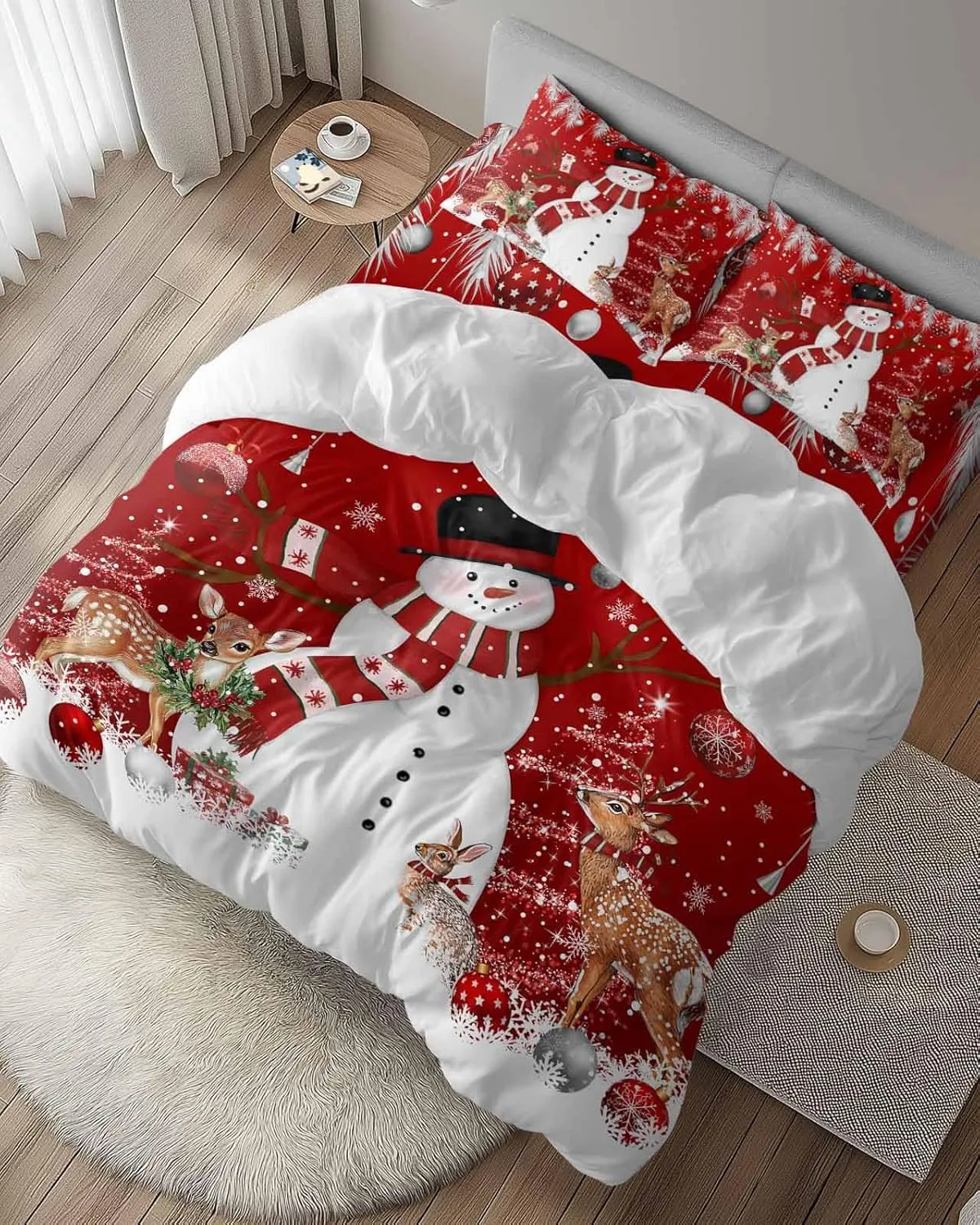 Duvet Cover Set-4 Pieces Full Bedding Sets Christmas Snowman Deer Snowflakes on Red ,Ultra Soft Microfiber Comforter Cover with Pillow Shams Bed Flat Sheet for Bedroom Decor Xmas Tree Bell Fir Leaf