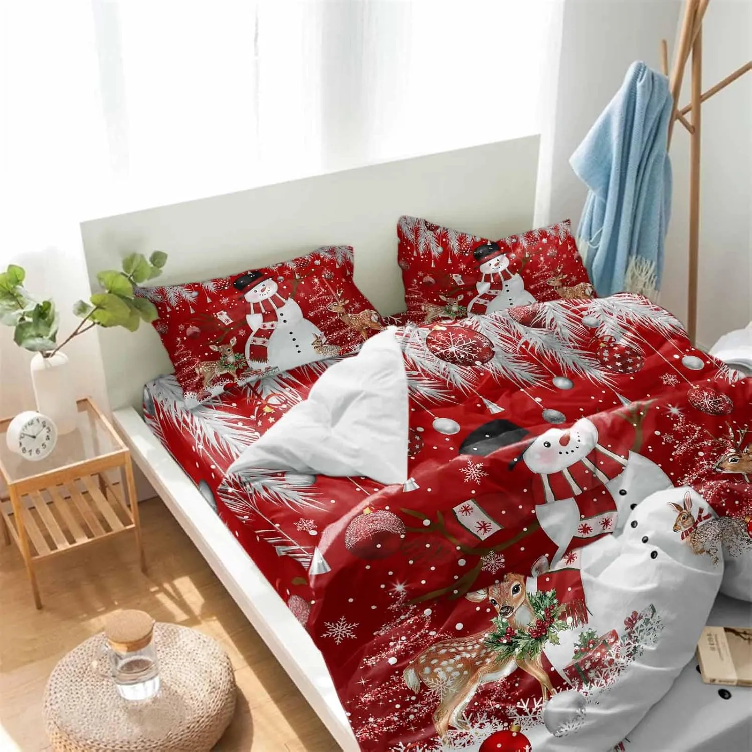 Duvet Cover Set-4 Pieces Full Bedding Sets Christmas Snowman Deer Snowflakes on Red ,Ultra Soft Microfiber Comforter Cover with Pillow Shams Bed Flat Sheet for Bedroom Decor Xmas Tree Bell Fir Leaf