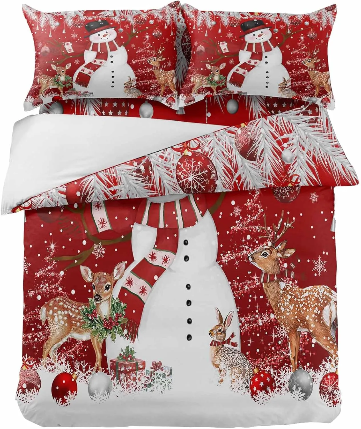 Duvet Cover Set-4 Pieces Full Bedding Sets Christmas Snowman Deer Snowflakes on Red ,Ultra Soft Microfiber Comforter Cover with Pillow Shams Bed Flat Sheet for Bedroom Decor Xmas Tree Bell Fir Leaf