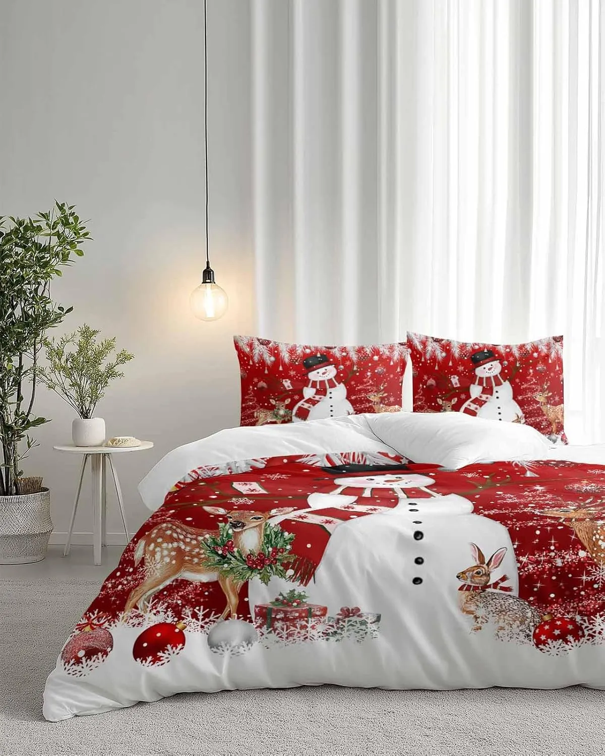Duvet Cover Set-4 Pieces Full Bedding Sets Christmas Snowman Deer Snowflakes on Red ,Ultra Soft Microfiber Comforter Cover with Pillow Shams Bed Flat Sheet for Bedroom Decor Xmas Tree Bell Fir Leaf