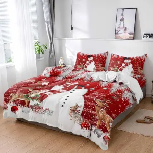 Duvet Cover Set-4 Pieces Full Bedding Sets Christmas Snowman Deer Snowflakes on Red ,Ultra Soft Microfiber Comforter Cover with Pillow Shams Bed Flat Sheet for Bedroom Decor Xmas Tree Bell Fir Leaf