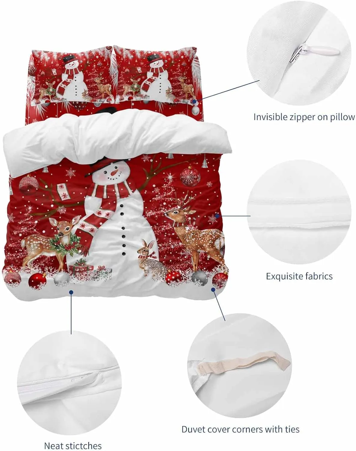 Duvet Cover Set-4 Pieces Full Bedding Sets Christmas Snowman Deer Snowflakes on Red ,Ultra Soft Microfiber Comforter Cover with Pillow Shams Bed Flat Sheet for Bedroom Decor Xmas Tree Bell Fir Leaf