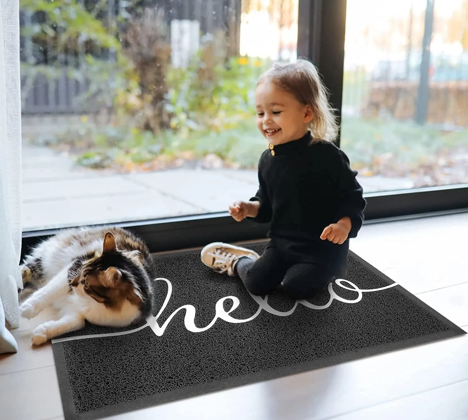EARTHALL Door Mat 2-Pack Outside Inside Hello Doormat 30"x17.5" Durable Floor Mat Non Slip Mat Ultra Absorb Mud Easy Clean Front Doormat for Garage, Entryway, Patio, High Traffic Areas, Black