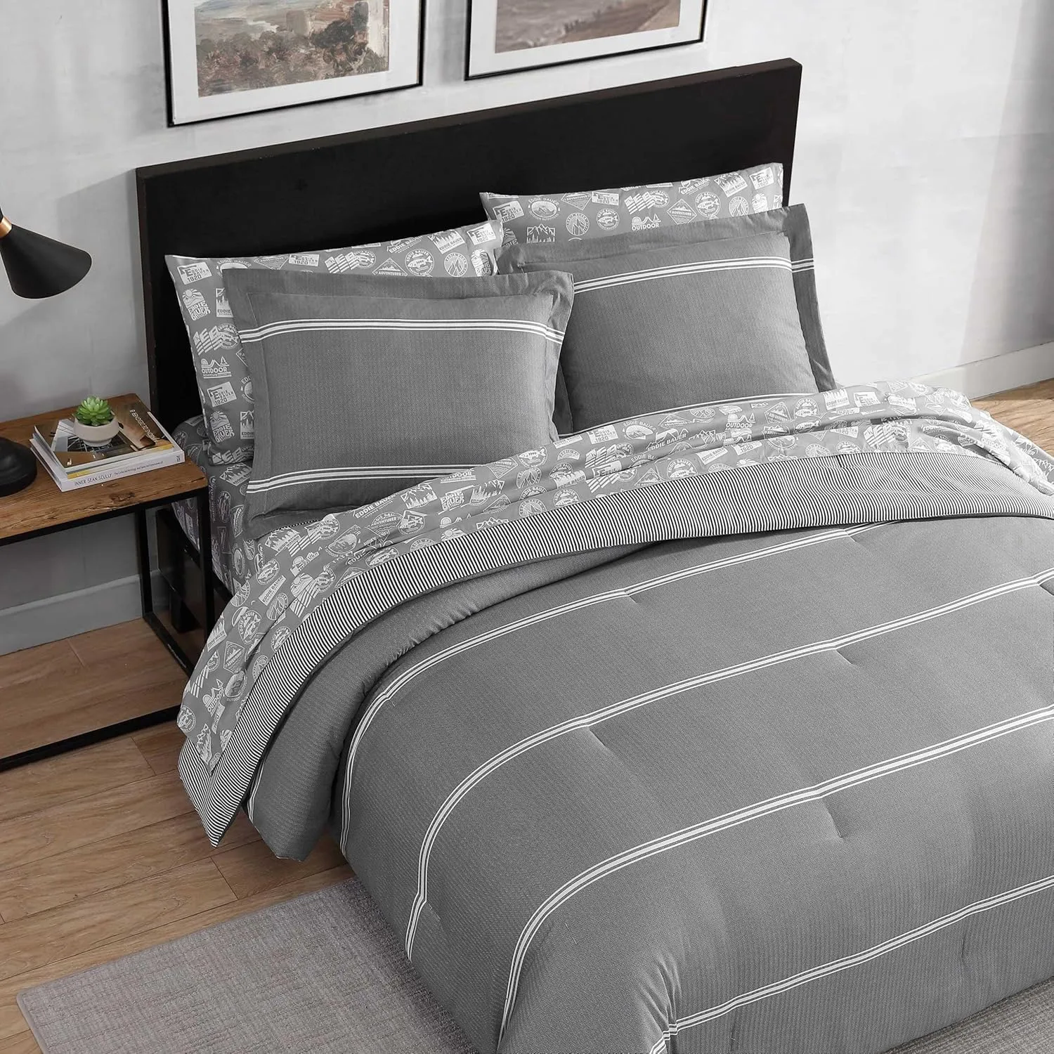 Eddie Bauer - Queen Comforter Set, Super Soft Bedding Set with Matching Sham(s) & Pillowcase(s), Oeko-Tex Certified (Chevron & Stripes Grey, Queen)