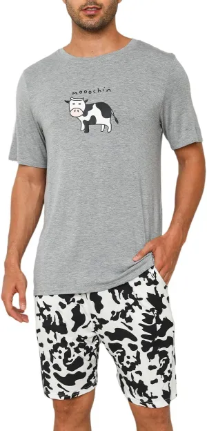 EISHOPEER Mens Modal Pajamas Set Short Sleeve Printed Soft 2 Pieces Lounge Set S-XXL