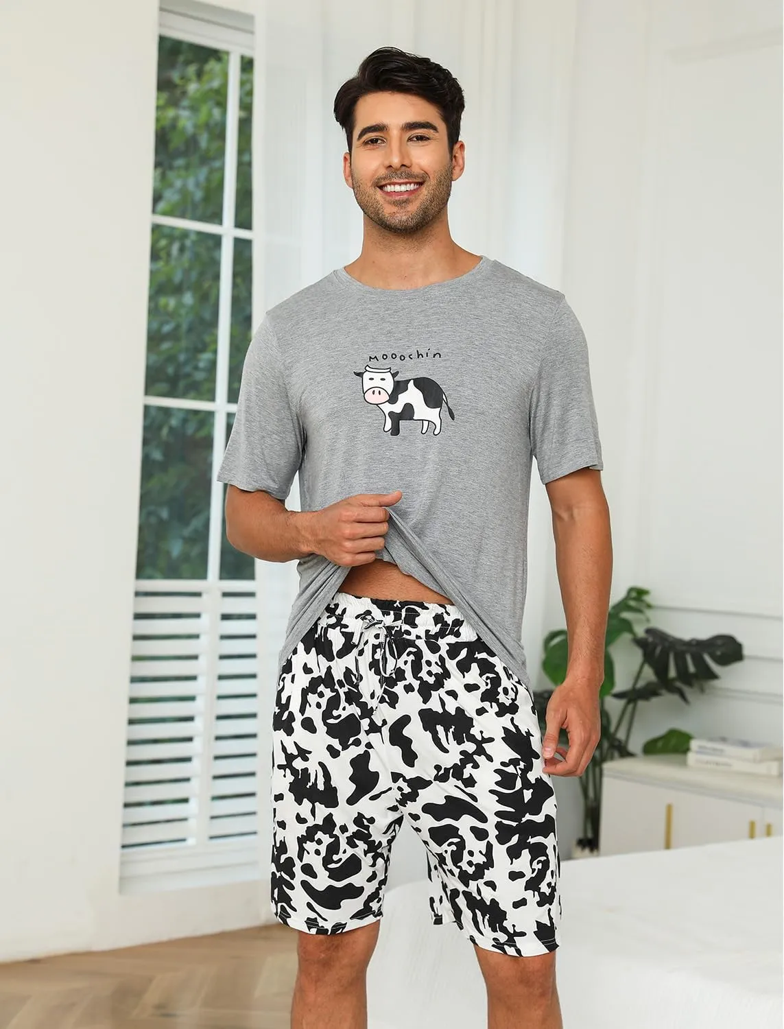 EISHOPEER Mens Modal Pajamas Set Short Sleeve Printed Soft 2 Pieces Lounge Set S-XXL
