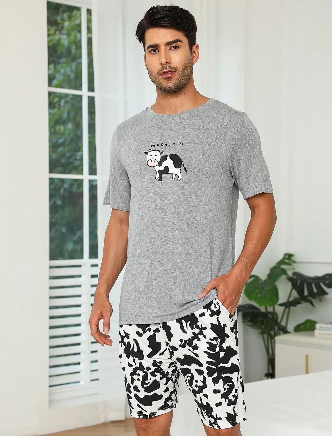 EISHOPEER Mens Modal Pajamas Set Short Sleeve Printed Soft 2 Pieces Lounge Set S-XXL