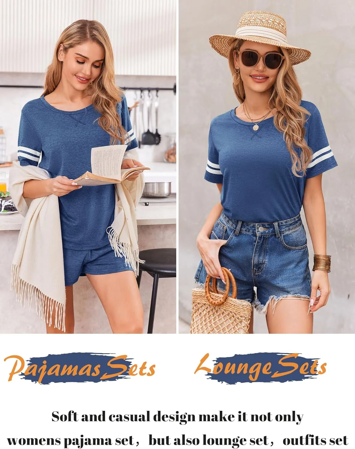 Ekouaer Womens Pajama Sets Short Sleeve Short Sets 2 Piece Sleepwear Soft Lounge Sets with Pocket,S-XXL