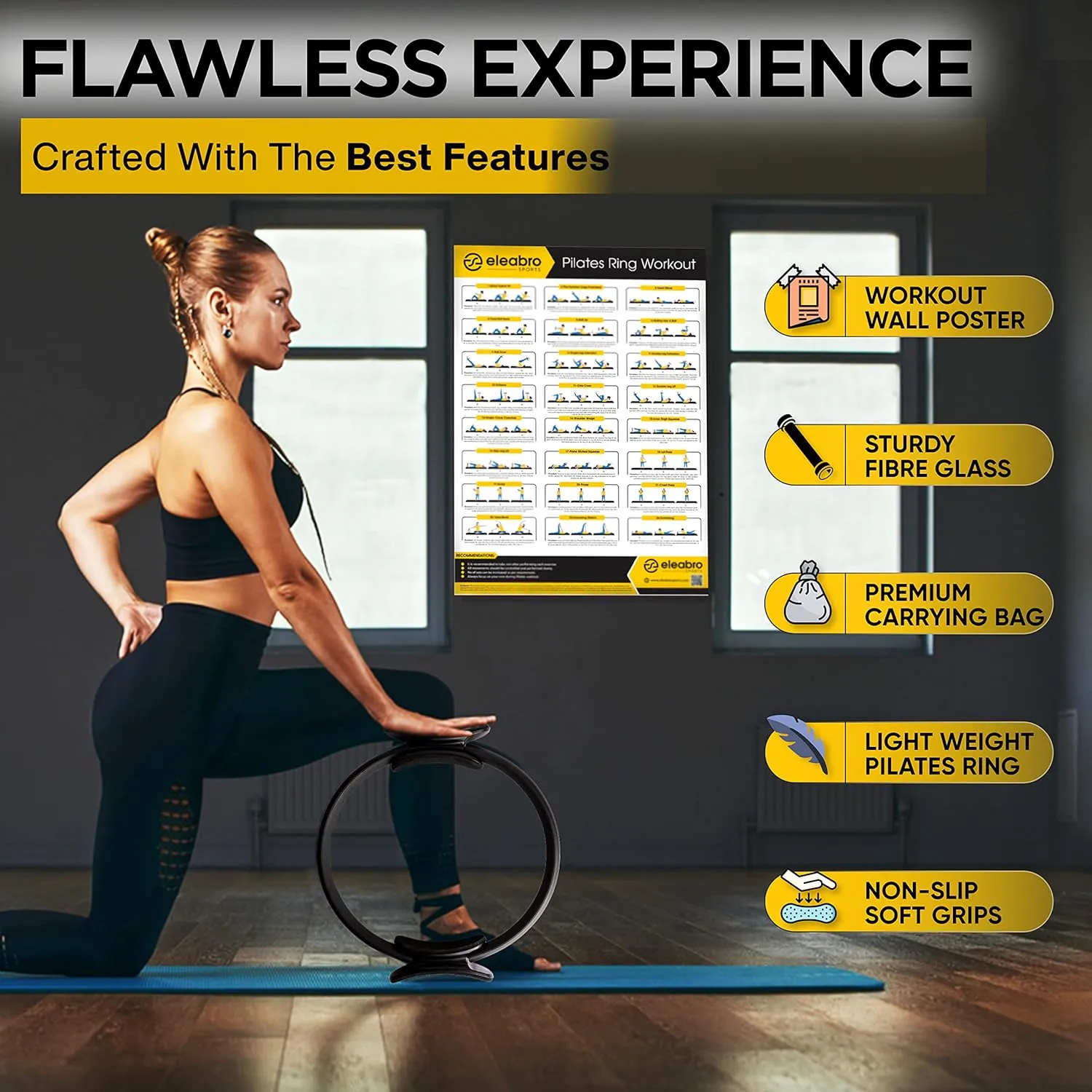 eleabro Sports 13 inch &14 inch Pilates Ring Circle - Magic Circle -with A1 Size Workout Poster, Inner Thigh Exercise Ring, Ideal for All Heights-Yoga Ring Fitness Ring with Soft Handles