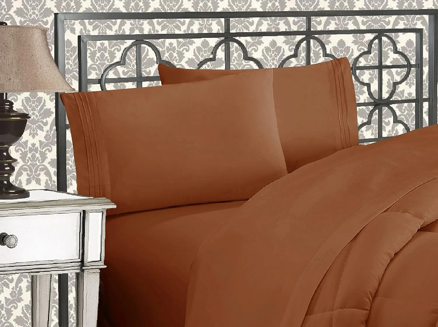 Elegant Comfort Luxurious 1500 Premium Hotel Quality Microfiber Three Line Embroidered Softest 4-Piece Bed Sheet Set, Wrinkle and Fade Resistant, King, Bronze