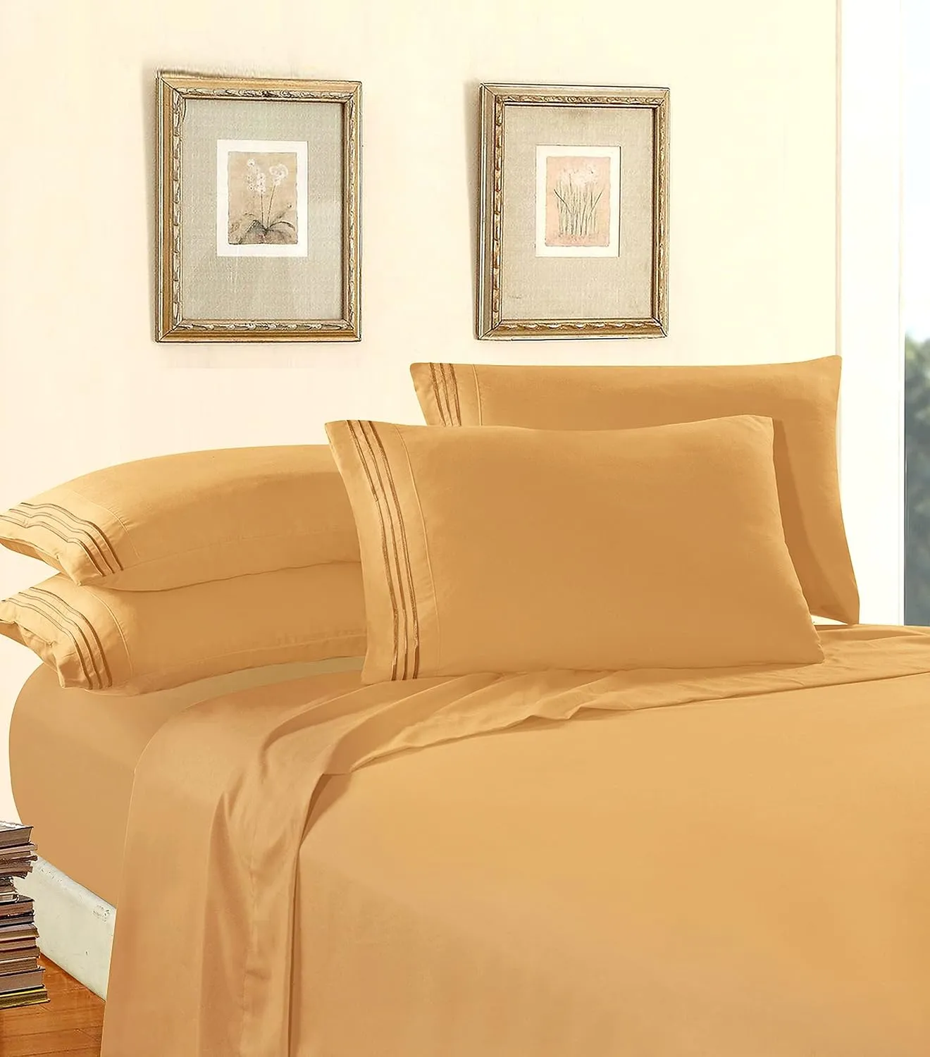 Elegant Comfort Luxury Soft 1500 Premier 4-Piece Premium Hotel Quality Wrinkle Resistant Coziest Bedding Set, All Around Elastic Fitted Sheet, Deep Pocket up to 16inch, Queen, Camel/Gold