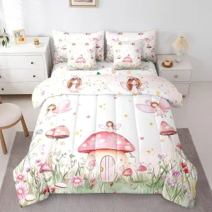 Erosebridal 7 Piece Pink Fairy Full Comforter Set for Kids Girls,Mushroom Fairy Bed Set Kawaii Room Decor,Colorful Floral Bedding Set Garden Flower Bed in a Bag with Fitted Flat Sheet,Pillowcases
