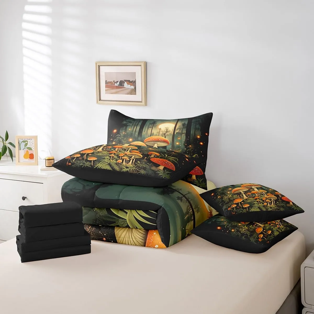 Erosebridal Boho Mushroom Girls Bedding Set Jungle Plant Bed in A Bag Wild Fungus Mushroom Twin Comforter Set 7 Piece Nature Woodland Botanical Rustic Bed Set for Kids Boys Teen