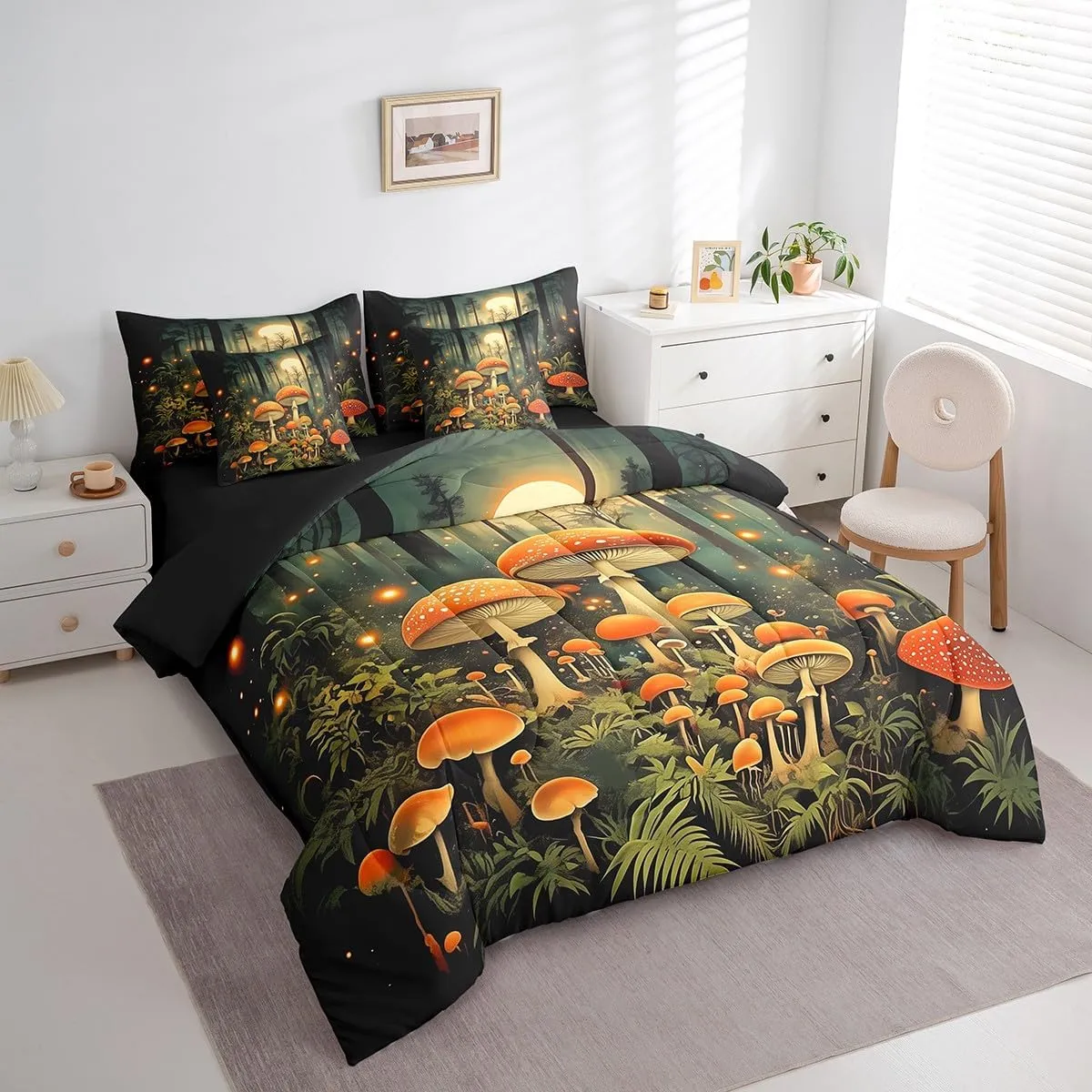 Erosebridal Boho Mushroom Girls Bedding Set Jungle Plant Bed in A Bag Wild Fungus Mushroom Twin Comforter Set 7 Piece Nature Woodland Botanical Rustic Bed Set for Kids Boys Teen