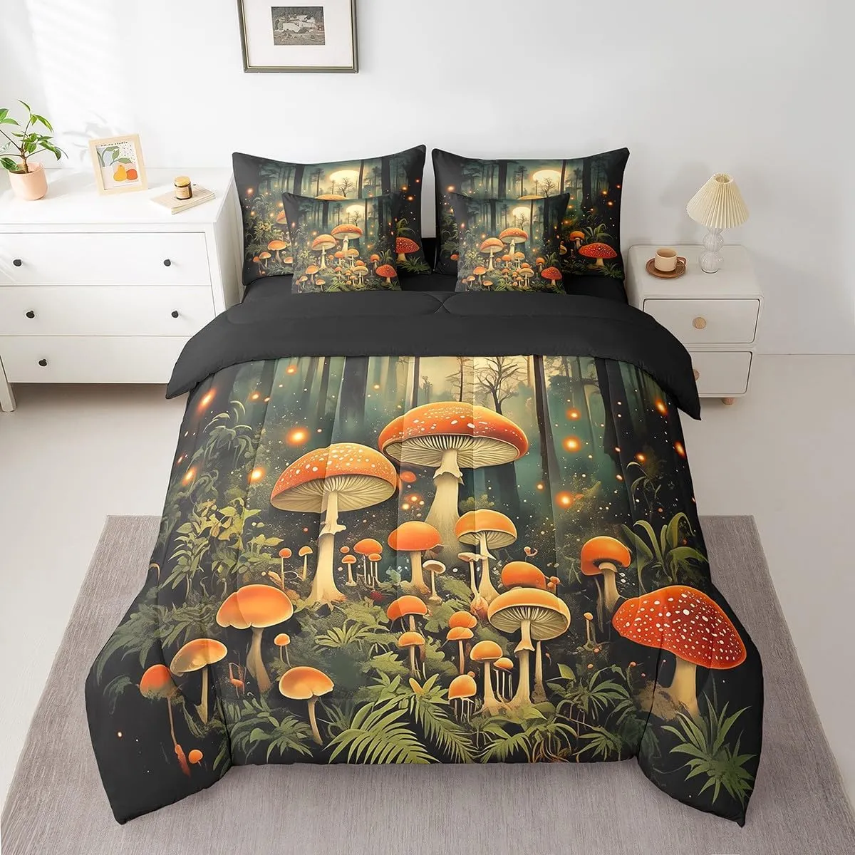 Erosebridal Boho Mushroom Girls Bedding Set Jungle Plant Bed in A Bag Wild Fungus Mushroom Twin Comforter Set 7 Piece Nature Woodland Botanical Rustic Bed Set for Kids Boys Teen