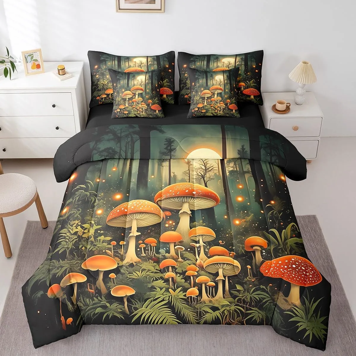 Erosebridal Boho Mushroom Girls Bedding Set Jungle Plant Bed in A Bag Wild Fungus Mushroom Twin Comforter Set 7 Piece Nature Woodland Botanical Rustic Bed Set for Kids Boys Teen