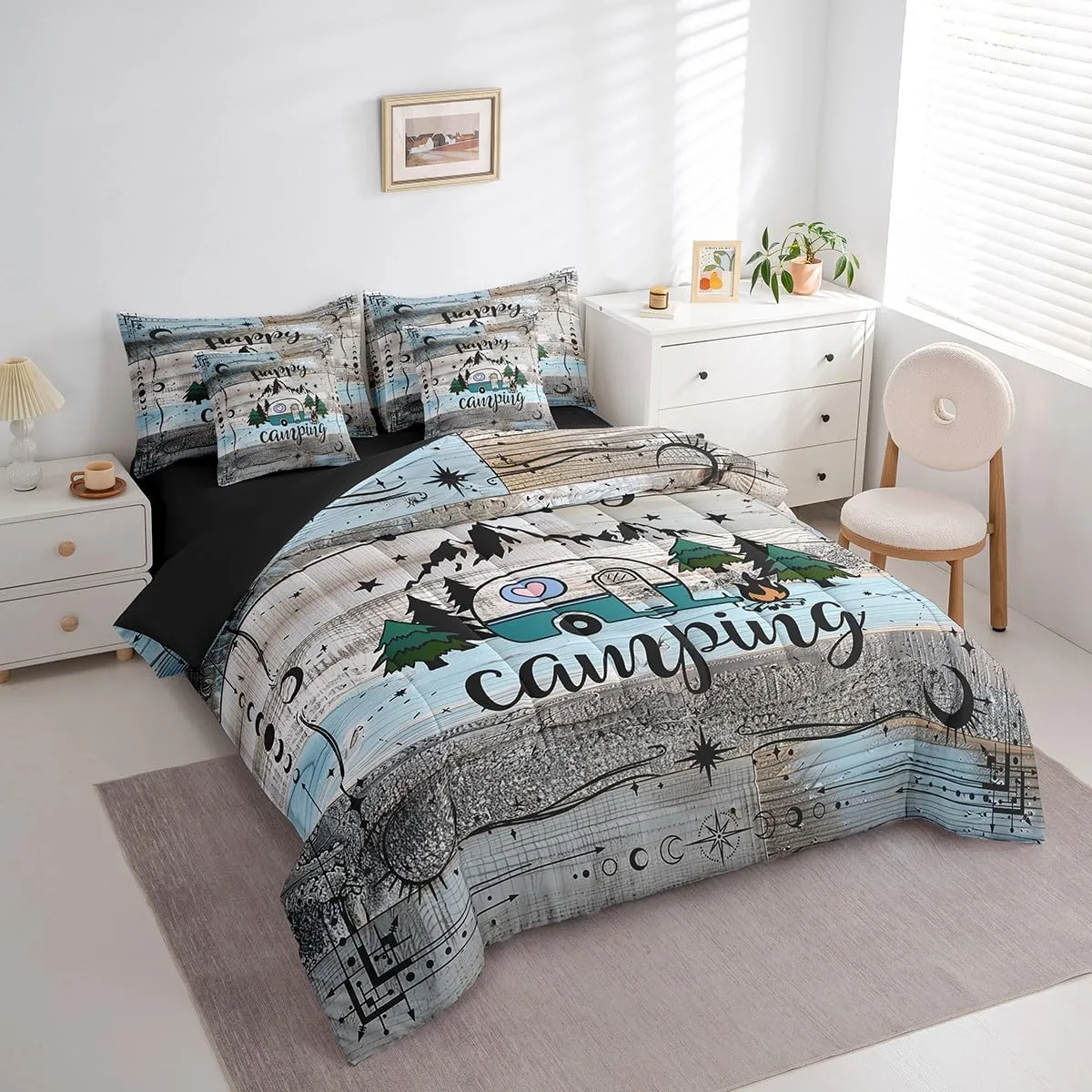 Erosebridal Camper Bedding Set Queen Happy Camping Comforter Set 7 Piece Rv Bunk Accessories Bed in A Bag for Travel Trailers,Boho Moon Stars Decor for Camper Car,Rustic Farmhouse Adventure Bed Set