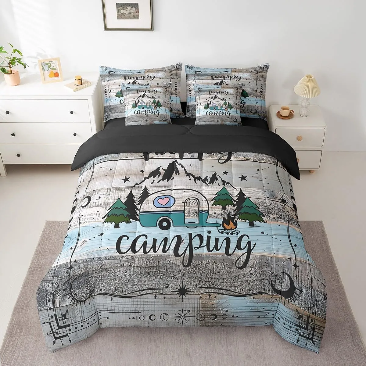 Erosebridal Camper Bedding Set Queen Happy Camping Comforter Set 7 Piece Rv Bunk Accessories Bed in A Bag for Travel Trailers,Boho Moon Stars Decor for Camper Car,Rustic Farmhouse Adventure Bed Set