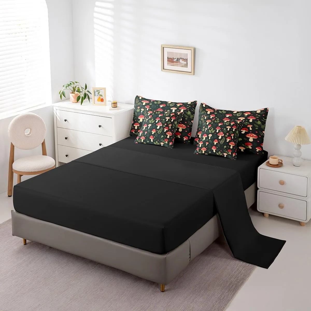 Erosebridal Kids Mushroom Queen Bedding Set 7 Piece,Kawaii Mushroom Bed Set for Boys Girls Room Decor,Botanical Plant Fungi Comforter Sets Green Leaf Bed in a Bag with Fitted Flat Sheet,Pillowcases