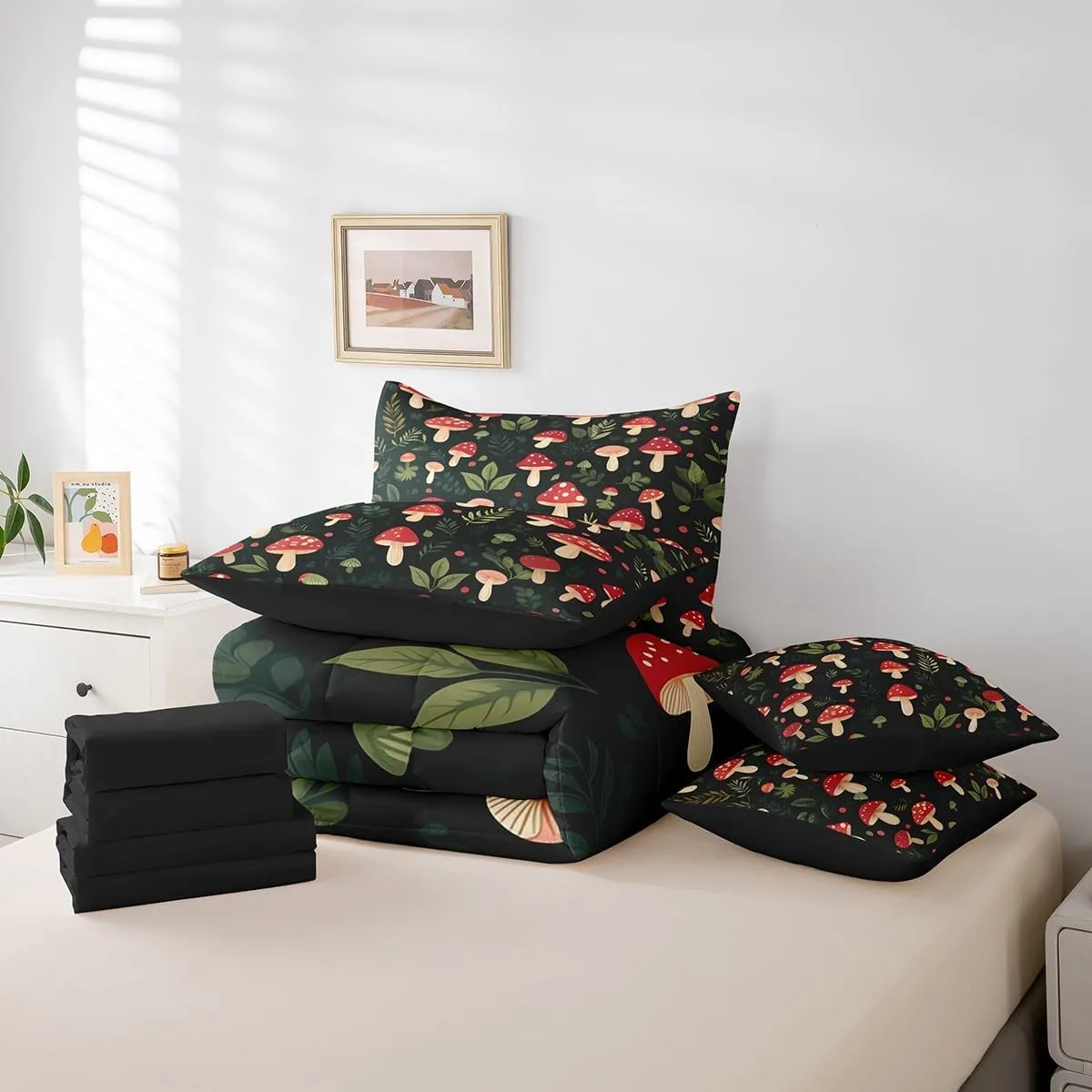 Erosebridal Kids Mushroom Queen Bedding Set 7 Piece,Kawaii Mushroom Bed Set for Boys Girls Room Decor,Botanical Plant Fungi Comforter Sets Green Leaf Bed in a Bag with Fitted Flat Sheet,Pillowcases
